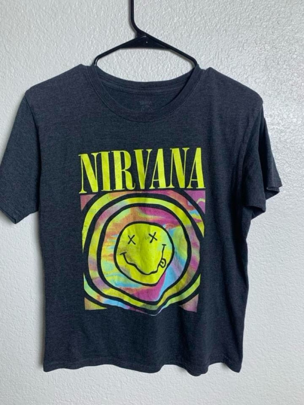 NIRVANA Black Tee with Neon Tie-Dye Smiley Women’s S